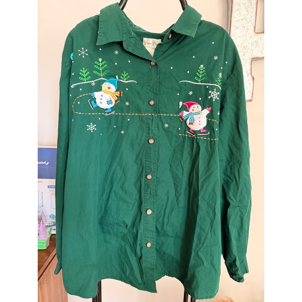 Bobbie Brooks Woman Green Christmas Snowman Embroidered Button Down Shirt 22/24